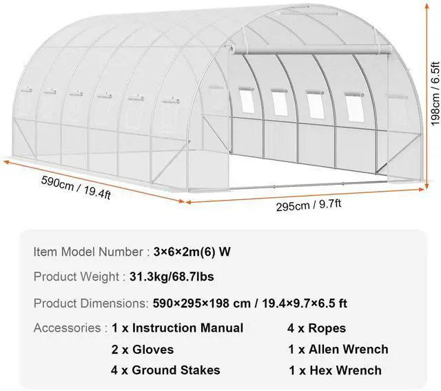 Alt view image 7 of 7 - Walk-in Tunnel Greenhouse, 19.4x9.7x6.5 ft Hoop House Greenhouse Tunnel, Plant Hot House with Galvanized Steel Frame, White PE Cover, Roll-up Zipper Door and 12 Windows for Outdoor
