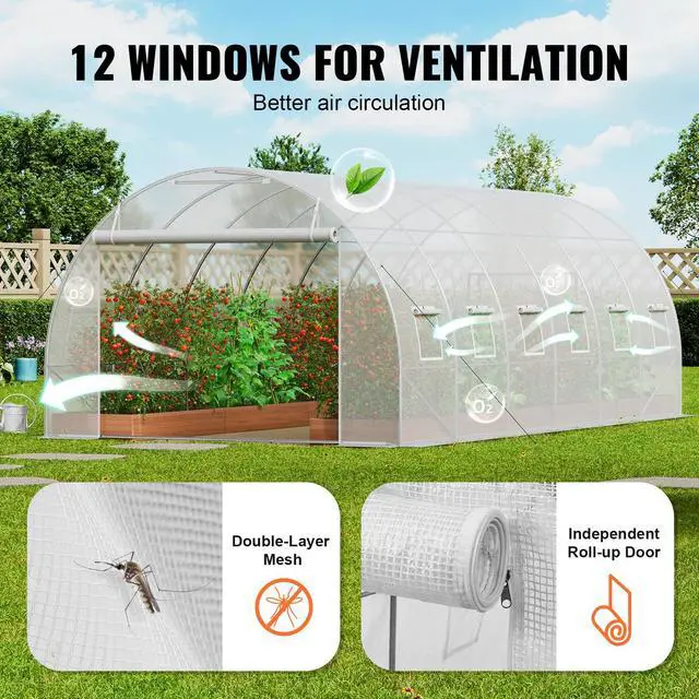 Alt view image 6 of 7 - Walk-in Tunnel Greenhouse, 19.4x9.7x6.5 ft Hoop House Greenhouse Tunnel, Plant Hot House with Galvanized Steel Frame, White PE Cover, Roll-up Zipper Door and 12 Windows for Outdoor