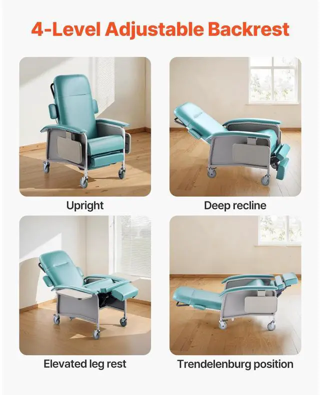 Alt view image 3 of 8 - VEVOR Geri Chair Recliner 4-Position Reclining Geri Chair with Trays & 4 Wheels