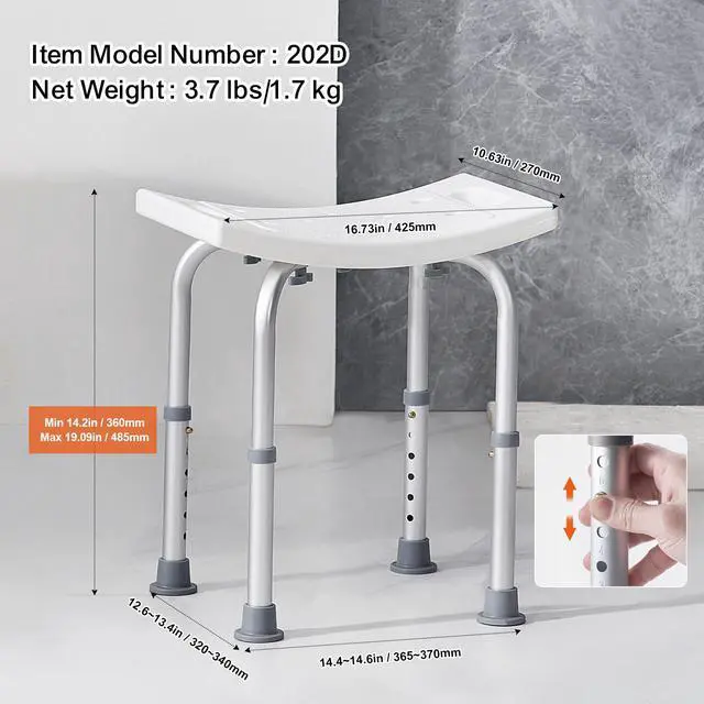 Alt view image 13 of 14 - VEVOR Shower Chair, Adjustable Height Shower Stool with Built-in Handles, Shower Seat for Inside Shower or Tub, Non-Slip Bench Bathtub Stool Seat for Elderly Disabled Handicap, 158.8 kg Capacity