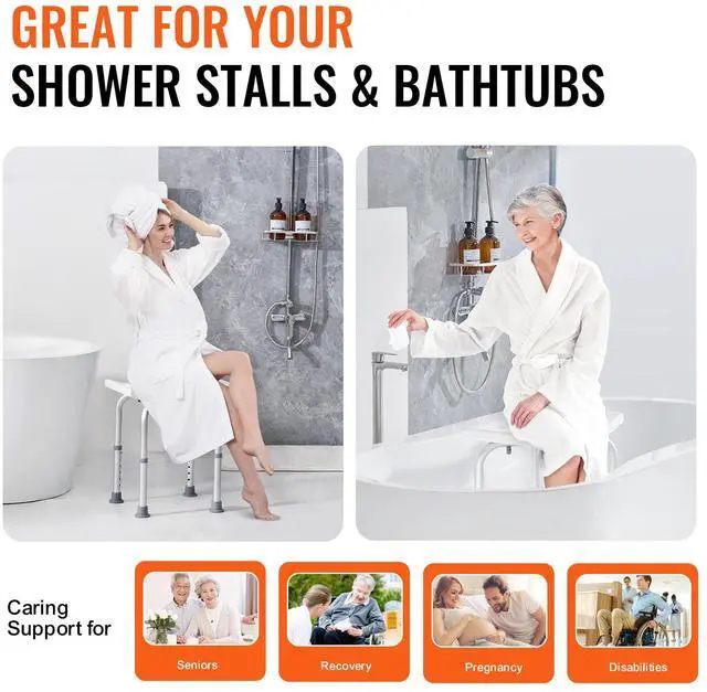 Alt view image 12 of 14 - VEVOR Shower Chair, Adjustable Height Shower Stool with Built-in Handles, Shower Seat for Inside Shower or Tub, Non-Slip Bench Bathtub Stool Seat for Elderly Disabled Handicap, 158.8 kg Capacity
