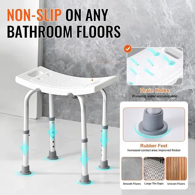 Alt view image 10 of 14 - VEVOR Shower Chair, Adjustable Height Shower Stool with Built-in Handles, Shower Seat for Inside Shower or Tub, Non-Slip Bench Bathtub Stool Seat for Elderly Disabled Handicap, 158.8 kg Capacity
