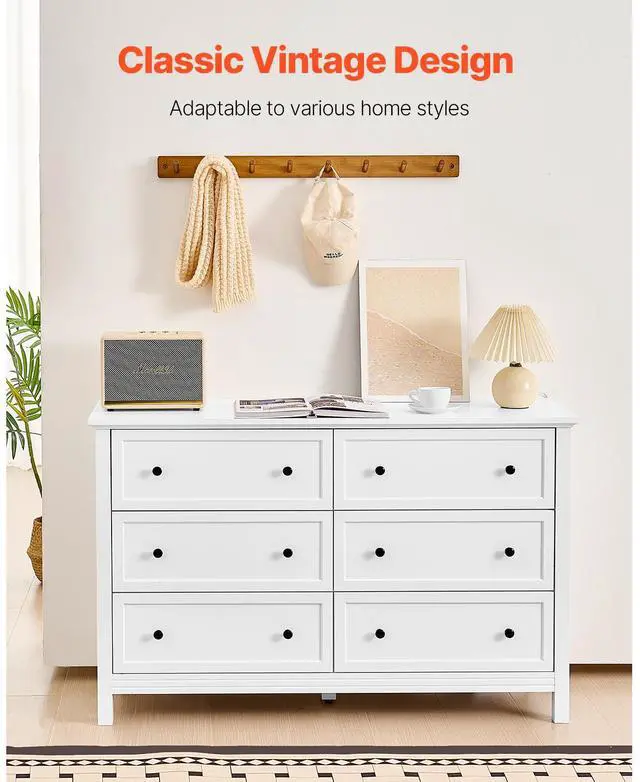 Alt view image 9 of 14 - VEVOR 6 Drawer Dresser, Wooden Chest of Drawers with Sliding and Anti-tip Device, Retro Minimalist Dresser Chest, Closet Storage TV Stand Organizer for Living Room, Hallway, Bedroom, Entryway, White