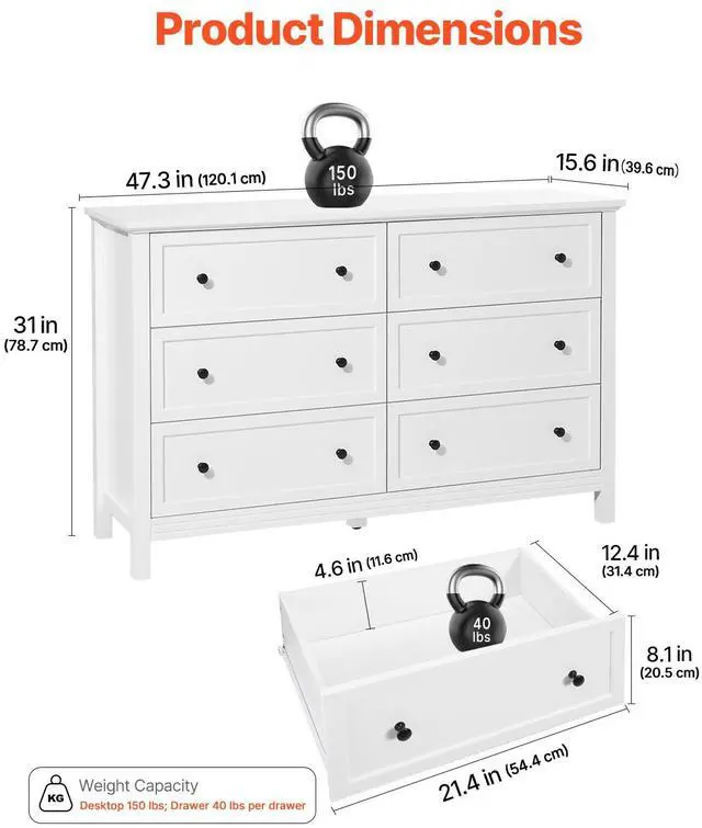 Alt view image 10 of 14 - VEVOR 6 Drawer Dresser, Wooden Chest of Drawers with Sliding and Anti-tip Device, Retro Minimalist Dresser Chest, Closet Storage TV Stand Organizer for Living Room, Hallway, Bedroom, Entryway, White