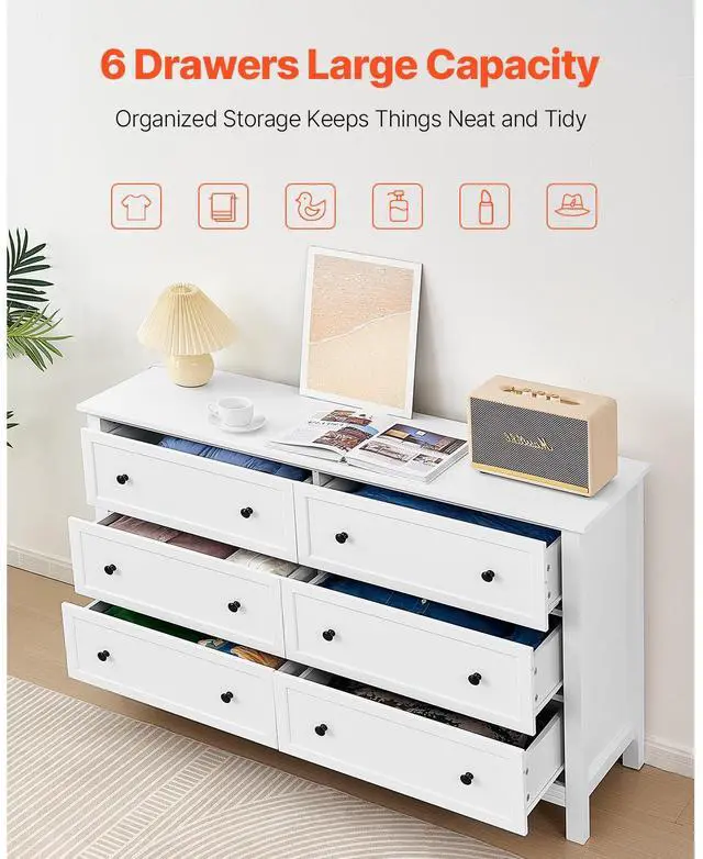 Alt view image 11 of 14 - VEVOR 6 Drawer Dresser, Wooden Chest of Drawers with Sliding and Anti-tip Device, Retro Minimalist Dresser Chest, Closet Storage TV Stand Organizer for Living Room, Hallway, Bedroom, Entryway, White