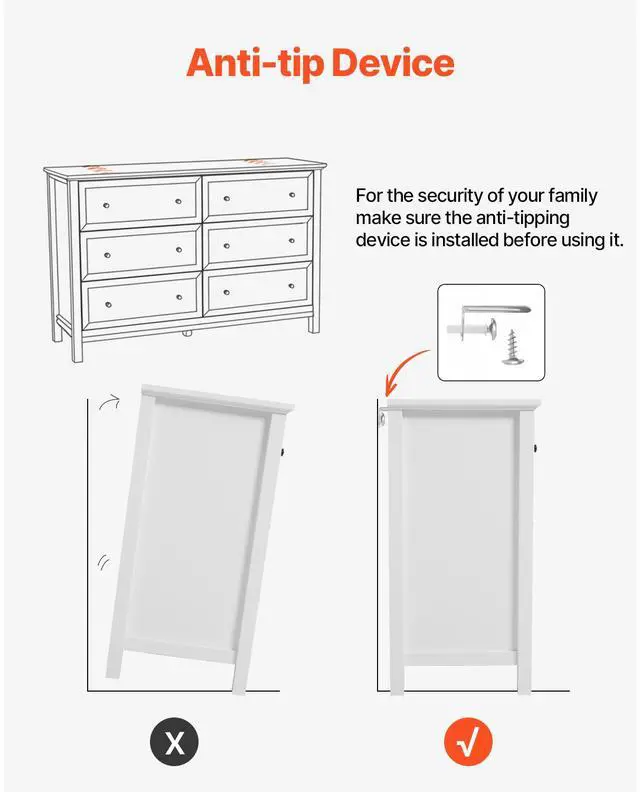 Alt view image 14 of 14 - VEVOR 6 Drawer Dresser, Wooden Chest of Drawers with Sliding and Anti-tip Device, Retro Minimalist Dresser Chest, Closet Storage TV Stand Organizer for Living Room, Hallway, Bedroom, Entryway, White