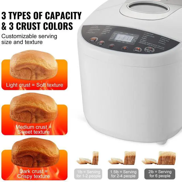 Alt view image 10 of 14 - VEVOR Bread Maker, 19-in-1 2LB Dough Machine, Nonstick Ceramic Pan Automatic Breadmaker with Gluten Free Setting, Whole Wheat Bread Making, Digital, Programmable, 3 Loaf Sizes, 3 Crust Colors, White