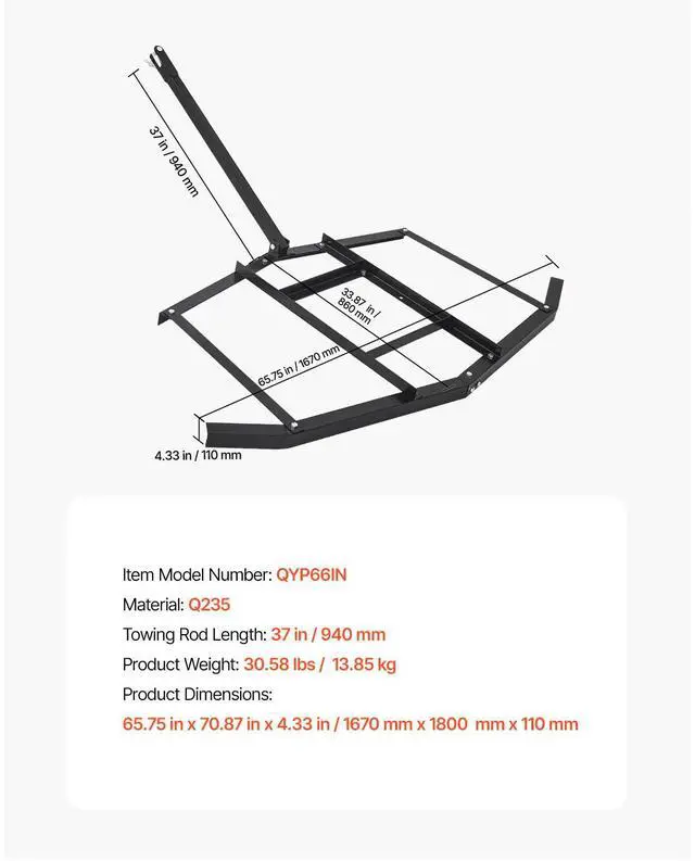 Alt view image 14 of 14 - Drag Harrow 66" Width Tow Behind Drag Harrow Steel Gravel Grader ATV UTV
