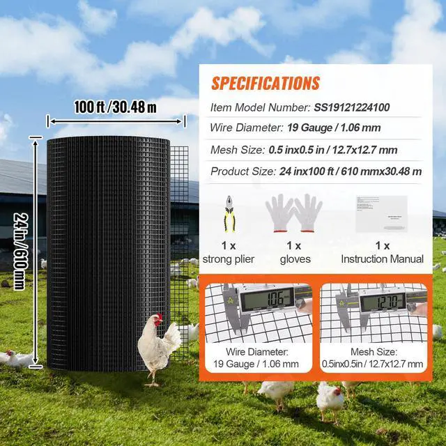 Alt view image 8 of 8 - VEVOR Hardware Cloth, 24'' x 100' Galvanized Wire Mesh Roll, 19 Gauge Chicken Wire Fence Roll, Vinyl Coating Metal Wire Mesh for Chicken Coop Barrier, Rabbit Snake Fences, Poultry Enclosures