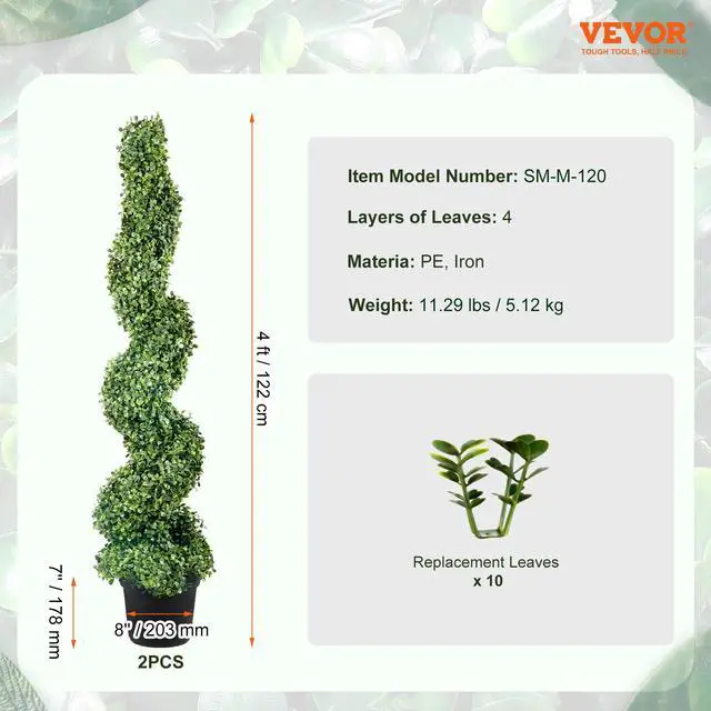 Alt view image 14 of 14 - VEVOR 2 pcs. Artificial Boxwood Tower Topiary Spiral Artificial Plant 122cm high Decorative Plant Green Plastic PE Iron Topiary Plants incl. 10 pcs. Replacement Leaves