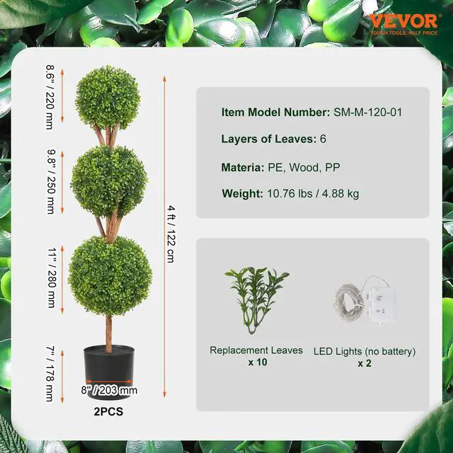 Alt view image 14 of 14 - VEVOR Artificial Topiaries Boxwood Trees, 48 inch Tall (2 Pieces), 3 Ball-Shape Faux Topiaries Plant with Planters, Green Feaux Plant w/ Replaceable Leaves & Port for Decorative Indoor/Outdoor/Garden