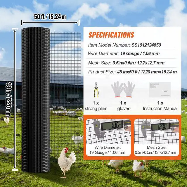 Alt view image 14 of 14 - VEVOR Hardware Cloth, 48'' x 50' Galvanized Wire Mesh Roll, 19 Gauge Chicken Wire Fence Roll, Vinyl Coating Metal Wire Mesh for Chicken Coop Barrier, Rabbit Snake Fences, Poultry Enclosures