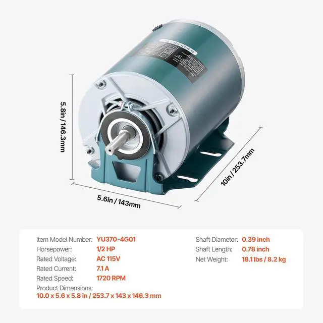 Alt view image 8 of 8 - VEVOR 1/2HP Furnace Blower Motor 1720RPM, 115V 7.1A Belt Drive Blower Motor Single Phase - 0.5" Shaft Diameter, 1.6" Shaft Length, CW/CCW Rotation