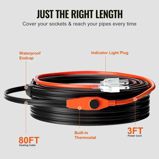 Alt view image 6 of 8 - Pipe Heating Cable 80FT 7W/FT Heat Tape for Pipes with Built-in Thermostat