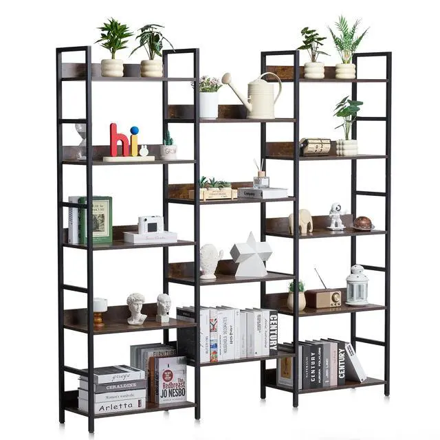 Alt view image 2 of 8 - VEVOR Triple Metal Bookshelf, 14-Tier Industrial Bookshelf, Large Rustic Vintage Storage Bookcase with Open Shelves, Freestanding Display Shelving Unit Storage Rack, for Living room, Bedroom & Office