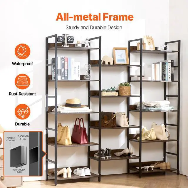 Alt view image 5 of 8 - VEVOR Triple Metal Bookshelf, 14-Tier Industrial Bookshelf, Large Rustic Vintage Storage Bookcase with Open Shelves, Freestanding Display Shelving Unit Storage Rack, for Living room, Bedroom & Office