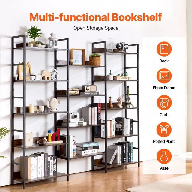 Alt view image 4 of 8 - VEVOR Triple Metal Bookshelf, 14-Tier Industrial Bookshelf, Large Rustic Vintage Storage Bookcase with Open Shelves, Freestanding Display Shelving Unit Storage Rack, for Living room, Bedroom & Office