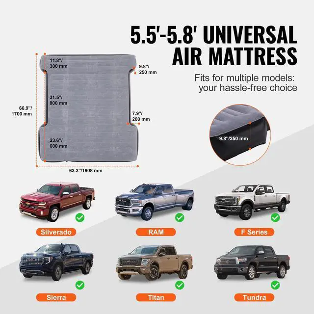 Alt view image 9 of 10 - VEVOR Truck Bed Air Mattress, for 5.5-5.8 ft Full Size Short Truck Beds, Inflatable Air Mattress Camping Bed with 12V Air Pump 2 Pillows, Carry Bag, for Silverado, RAM, F Series, Sierra, Titan, Tundra
