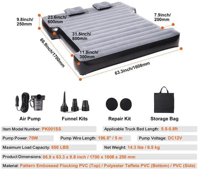 Alt view image 10 of 10 - VEVOR Truck Bed Air Mattress, for 5.5-5.8 ft Full Size Short Truck Beds, Inflatable Air Mattress Camping Bed with 12V Air Pump 2 Pillows, Carry Bag, for Silverado, RAM, F Series, Sierra, Titan, Tundra