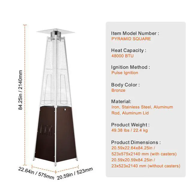 Alt view image 14 of 14 - VEVOR  Propane Patio Heater 48000BTU Pyramid w/Wheels for Outdoor Patio Bronze