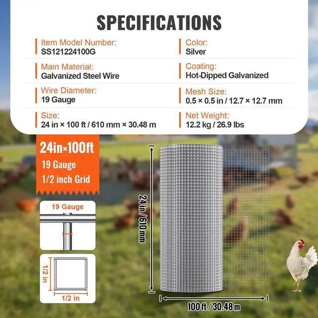 Alt view image 8 of 8 - VEVOR Hardware Cloth, 1/2 inch 24in x 100 ft 19 Gauge, Hot Dipped Galvanized Wire Mesh Roll, Chicken Wire Fencing, Wire Mesh for Rabbit Cages, Garden, Small Rodents