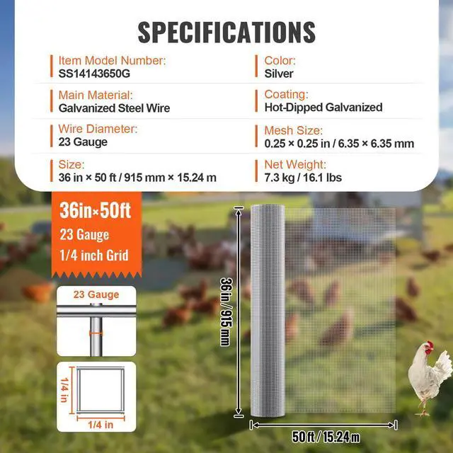 Alt view image 14 of 14 - VEVOR Hardware Cloth, 1/4 inch 36in x 50 ft 23 Gauge, Hot Dipped Galvanized Wire Mesh Roll, Chicken Wire Fencing, Wire Mesh for Rabbit Cages, Garden, Small Rodents