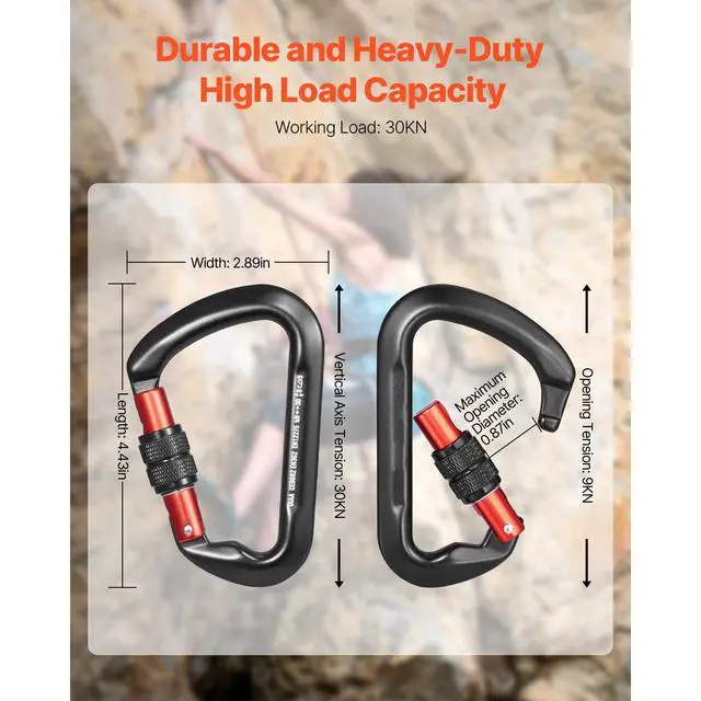 Alt view image 9 of 14 - VEVOR  Climbing Carabiner Clips, 3 PCS Heavy Duty Caribiner, Professional 30 KN / 6744 lbs Spindle Strength, Large D-Shaped for Hiking,Rappelling,Rescue,Dog Leash,Hammocks, Swings