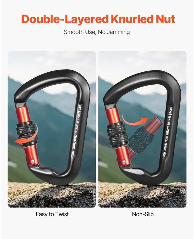 Alt view image 10 of 14 - VEVOR  Climbing Carabiner Clips, 3 PCS Heavy Duty Caribiner, Professional 30 KN / 6744 lbs Spindle Strength, Large D-Shaped for Hiking,Rappelling,Rescue,Dog Leash,Hammocks, Swings