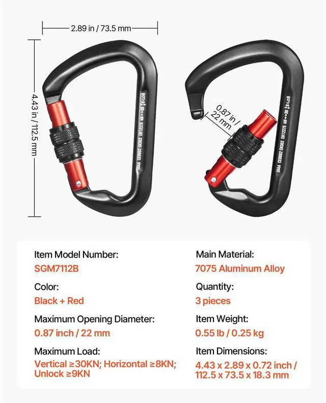 Alt view image 14 of 14 - VEVOR  Climbing Carabiner Clips, 3 PCS Heavy Duty Caribiner, Professional 30 KN / 6744 lbs Spindle Strength, Large D-Shaped for Hiking,Rappelling,Rescue,Dog Leash,Hammocks, Swings