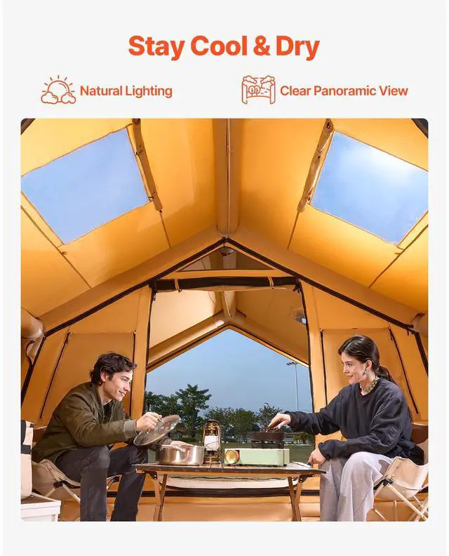 Alt view image 2 of 7 - Inflatable Tents for Camping, 8-12 Person Easy Setup Blow up Tent with Hand Pump, 4 Season Luxury Glamping Tent with 2 Skylights, Canopy, Stove Jack, 2 Doors & Mesh Windows (Include Storage Bag)