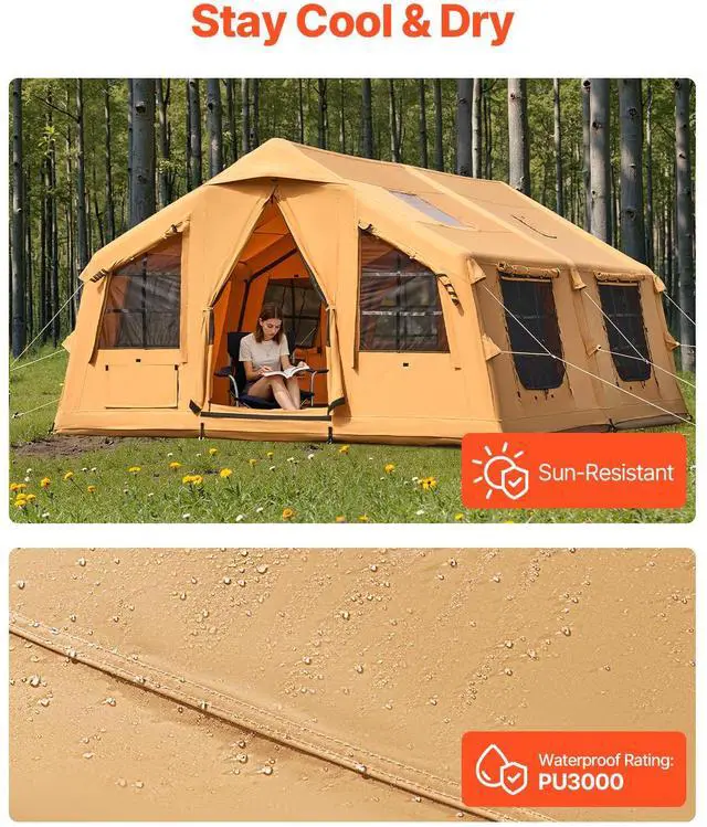 Alt view image 5 of 7 - Inflatable Tents for Camping, 8-12 Person Easy Setup Blow up Tent with Hand Pump, 4 Season Luxury Glamping Tent with 2 Skylights, Canopy, Stove Jack, 2 Doors & Mesh Windows (Include Storage Bag)