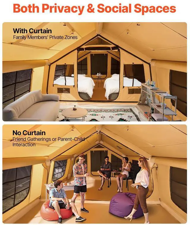 Alt view image 3 of 7 - Inflatable Tents for Camping, 8-12 Person Easy Setup Blow up Tent with Hand Pump, 4 Season Luxury Glamping Tent with 2 Skylights, Canopy, Stove Jack, 2 Doors & Mesh Windows (Include Storage Bag)