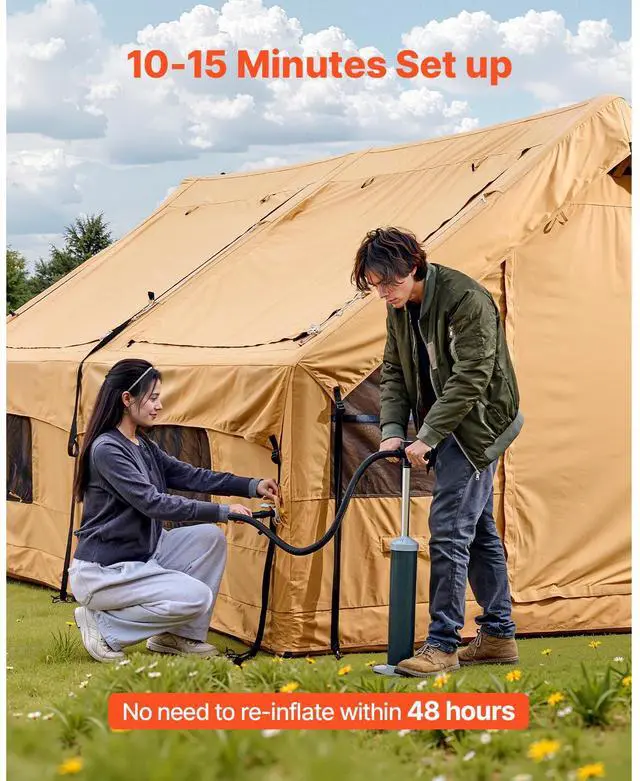 Alt view image 4 of 7 - Inflatable Tents for Camping, 8-12 Person Easy Setup Blow up Tent with Hand Pump, 4 Season Luxury Glamping Tent with 2 Skylights, Canopy, Stove Jack, 2 Doors & Mesh Windows (Include Storage Bag)