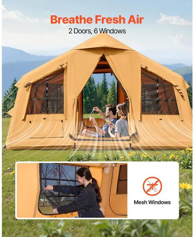 Alt view image 6 of 7 - Inflatable Tents for Camping, 8-12 Person Easy Setup Blow up Tent with Hand Pump, 4 Season Luxury Glamping Tent with 2 Skylights, Canopy, Stove Jack, 2 Doors & Mesh Windows (Include Storage Bag)