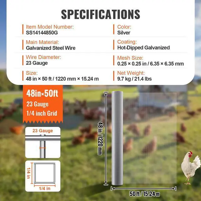 Alt view image 14 of 14 - VEVOR Hardware Cloth, 1/4 inch 48in x 50 ft 23 Gauge, Hot Dipped Galvanized Wire Mesh Roll, Chicken Wire Fencing, Wire Mesh for Rabbit Cages, Garden, Small Rodents