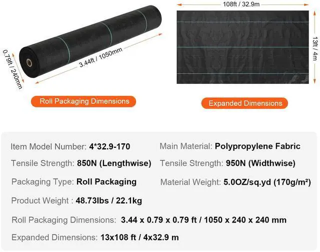 Alt view image 14 of 14 - VEVOR 13FTx108FT Premium Heavy Duty Weed Barrier Landscape Fabric, 5OZ Woven Geotextile Fabric Under Gravel, High Permeability for Weed Blocker Weed Mat, Driveway Fabric, Weed Control Garden Cloth