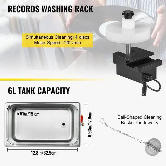 Alt view image 6 of 7 - Ultrasonic Vinyl Record Cleaner 6L 40kHz Vinyl Ultrasonic Cleaning Machine Knob Control Record Ultrasonic Cleaner 4 Records Vinyl Sonic Cleaner Stainless Steel Tank with Mechanical Heater & Time