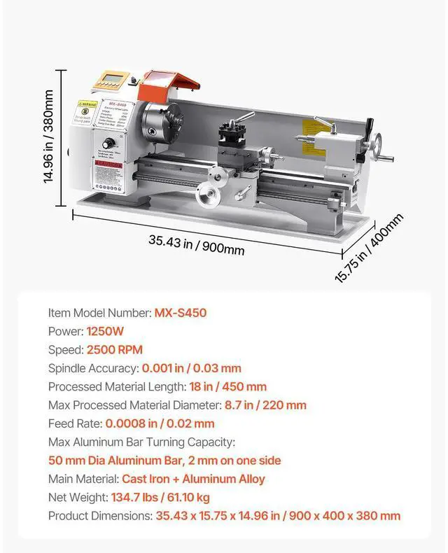 Alt view image 7 of 7 - Metal Lathe Machine, 8.7 x 18 in, Precision Bench Power Metal Lathe, Automatic Feed, 0-2500 RPM Variable Speed, 1250W Brushless Motor, for Processing Precision Parts Soft Metals Wood Plastics
