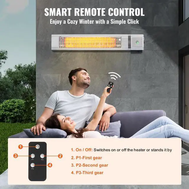 Alt view image 6 of 8 - VEVOR Infrared Heater, 1500W Remote Control Electric Space Infrared Heater, IP65 Protection Carbon Infrared Outdoor Heater with 3 Speeds, for Porch,Patio,Dining Room,Studio,Backyard,Garage, Wall Mount