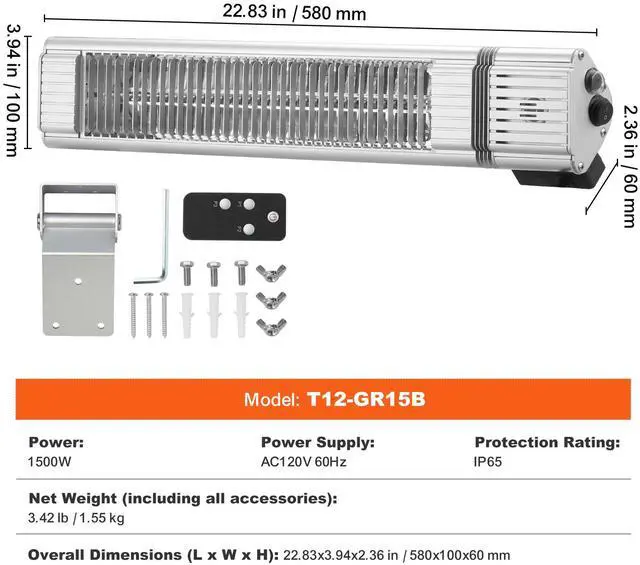 Alt view image 8 of 8 - VEVOR Infrared Heater, 1500W Remote Control Electric Space Infrared Heater, IP65 Protection Carbon Infrared Outdoor Heater with 3 Speeds, for Porch,Patio,Dining Room,Studio,Backyard,Garage, Wall Mount