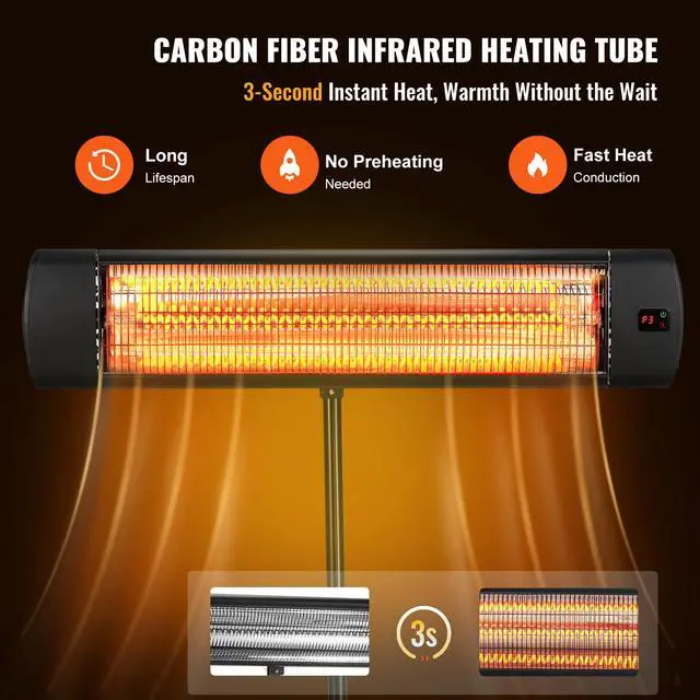 Alt view image 3 of 8 - VEVOR Infrared Heater, 1500W Remote Control Electric Space Heater, LED Screen Patio Heater w/ 3 Speeds & Timer, Outdoor/Outdoor for Porch,Dining Room,Studio, with Stand & Mount to Ceiling/Wall,34in L