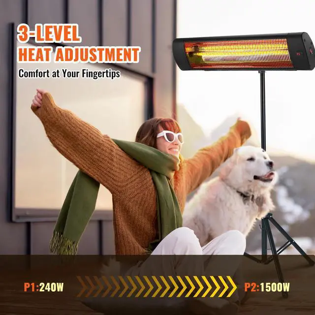Alt view image 4 of 8 - VEVOR Infrared Heater, 1500W Remote Control Electric Space Heater, LED Screen Patio Heater w/ 3 Speeds & Timer, Outdoor/Outdoor for Porch,Dining Room,Studio, with Stand & Mount to Ceiling/Wall,34in L