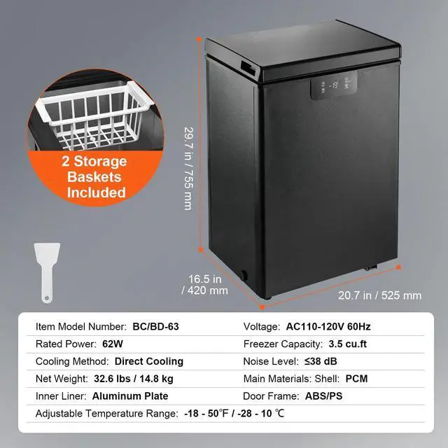 Alt view image 15 of 15 - VEVOR Chest Freezer, 2.22 Cu.ft / 63 L Compact Deep Freezer, Free Standing Top Open Door Chest Freezers with 2 Removable Baskets & Adjustable Thermostat, Energy Saving & Low Noise, Black
