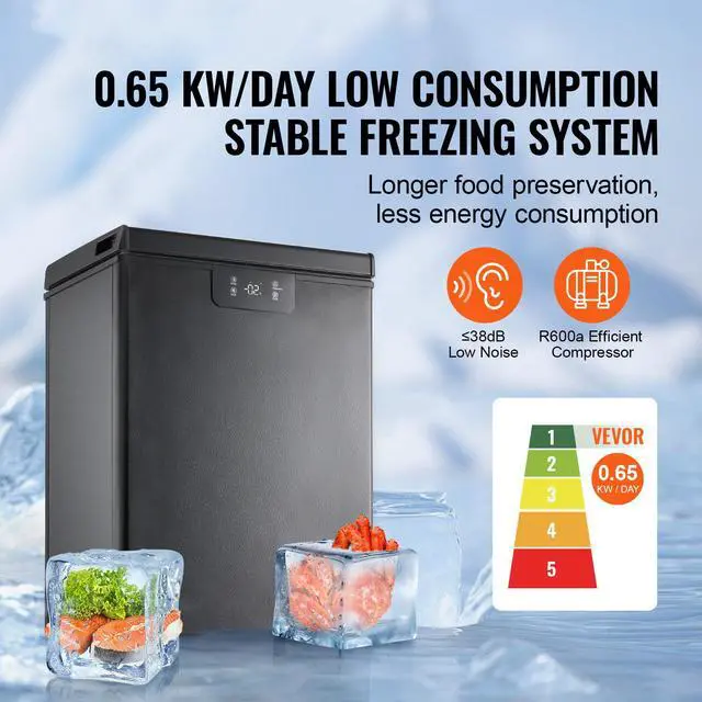 Alt view image 10 of 15 - VEVOR Chest Freezer, 2.22 Cu.ft / 63 L Compact Deep Freezer, Free Standing Top Open Door Chest Freezers with 2 Removable Baskets & Adjustable Thermostat, Energy Saving & Low Noise, Black