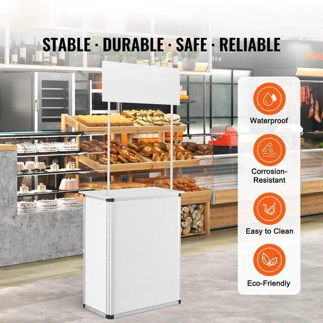 Alt view image 9 of 14 - VEVOR Promotion Counter Table, Portable Tradeshow Podium Table, 30.91" x 14.96" x 71.46", Display Exhibition Counter Stand Booth Fair with Wall, Pop Up Podium with Storage Rack/Carrying Bag