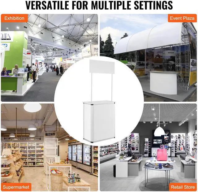 Alt view image 12 of 14 - VEVOR Promotion Counter Table, Portable Tradeshow Podium Table, 30.91" x 14.96" x 71.46", Display Exhibition Counter Stand Booth Fair with Wall, Pop Up Podium with Storage Rack/Carrying Bag