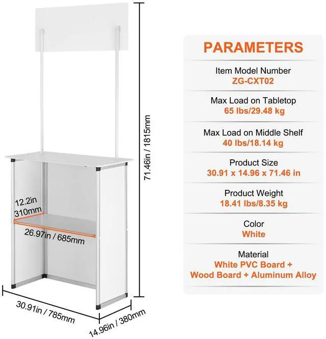 Alt view image 14 of 14 - VEVOR Promotion Counter Table, Portable Tradeshow Podium Table, 30.91" x 14.96" x 71.46", Display Exhibition Counter Stand Booth Fair with Wall, Pop Up Podium with Storage Rack/Carrying Bag