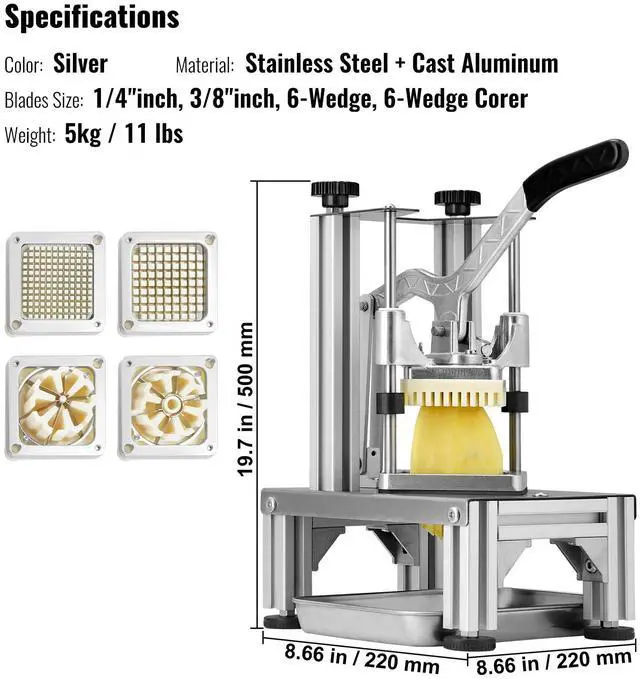 Alt view image 14 of 14 - VEVOR Commercial French Fry Cutter with 4 Replacement Blades, 1/4 & 3/8 Blade Easy Dicer Chopper, 6-wedge Slicer & 6-wedge Apple Corer, Lemon Potato Cutter for French Fries with Tray and Handle