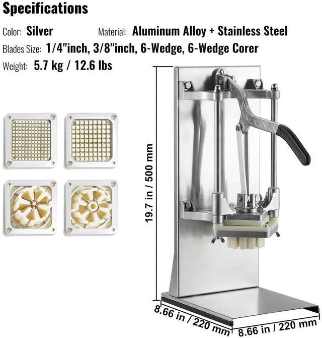 Alt view image 14 of 14 - VEVOR Commercial French Fry Cutter with 4 Replacement Blades, 1/4 and 3/8 Blade Easy Dicer Chopper, 6-wedge Slicer and 6-wedge Apple Corer, Lemon Potato Cutter for French Fries with Extended Handle