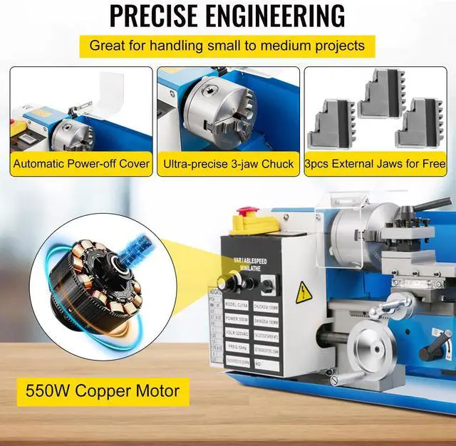 Alt view image 3 of 7 - Compact Metal Lathe, 7"x14", Desktop Metalworking Lathe, 550W, Adjustable Speed up to 2250 RPM, Includes 3-jaw Chuck and Digital Display, Precision Crafting Lathe with Tool Box for Metalworki